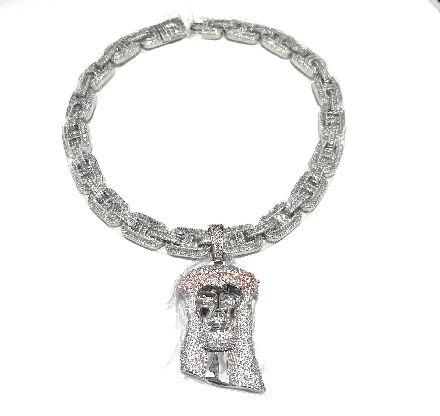 Iced Out Silver Jesus Pendant Rose Gold