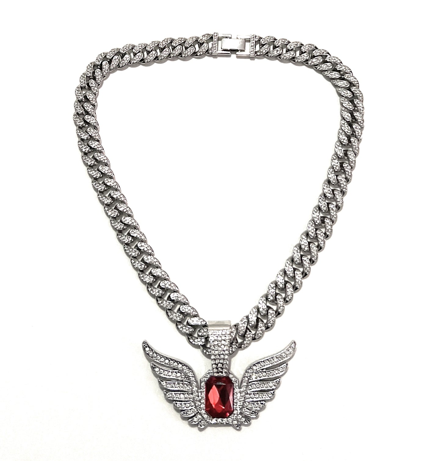 18” 12mm Luxury Iced Out Cuban Chain Necklace with Angel Wings Pendant – Blue/Red Stone Hip Hop Statement Jewelry (Unisex)