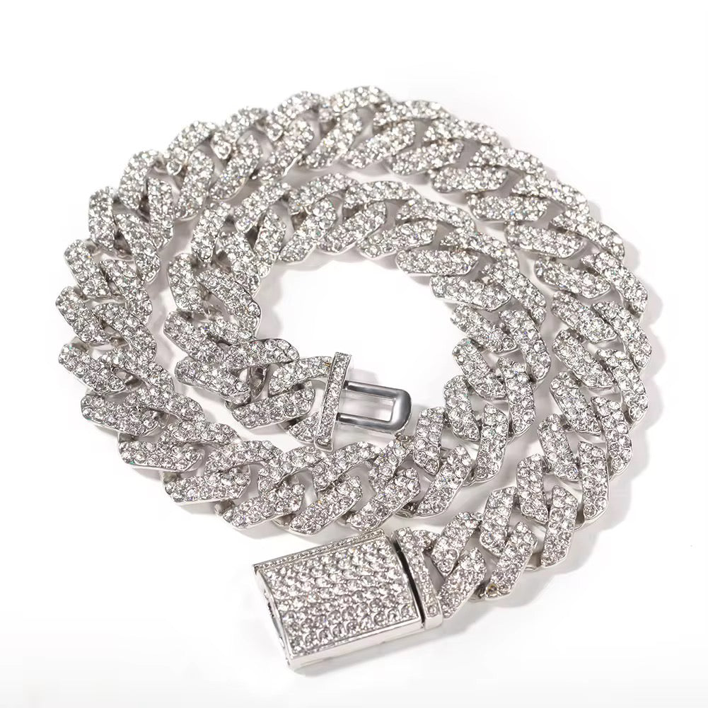 Iced Out Rhinestone Cuban Link Chain with Pendant - Hip Hop Jewelry