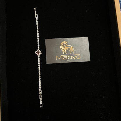 Unisex Four Leaf Clover Tennis Bracelet Silver with Red Charm, Adjustable Jewelry