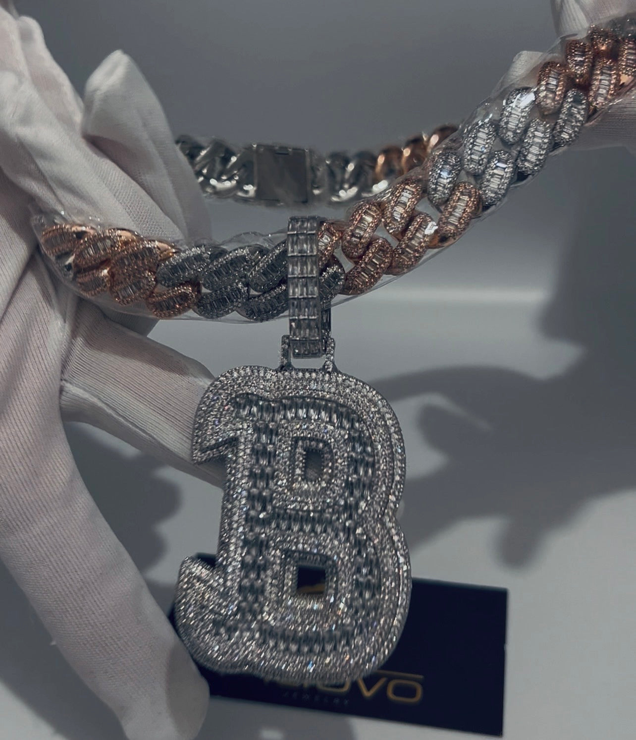 Two-Tone Iced Out Miami Cuban Chain with Bubble B Pendant