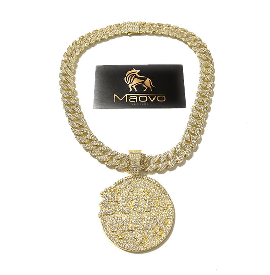 20” 15mm Fully Iced Out Gold Cuban Chain Necklace with Large Round “The Game” Medallion Pendant – Luxury Hip Hop Statement Jewelry