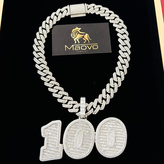 Custom 100” Pendant – With Unisex Hip HopIced Out AAA 18MM Cuban Link Chain “ Rhinestone Miami Cuban Necklace