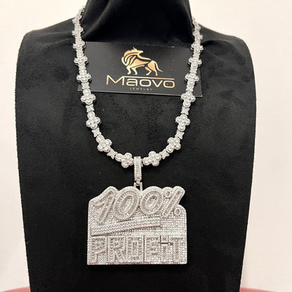 100% PROFIT Iced Out Pendant Necklace – Silver Plated Cuban Link Chain Maovo