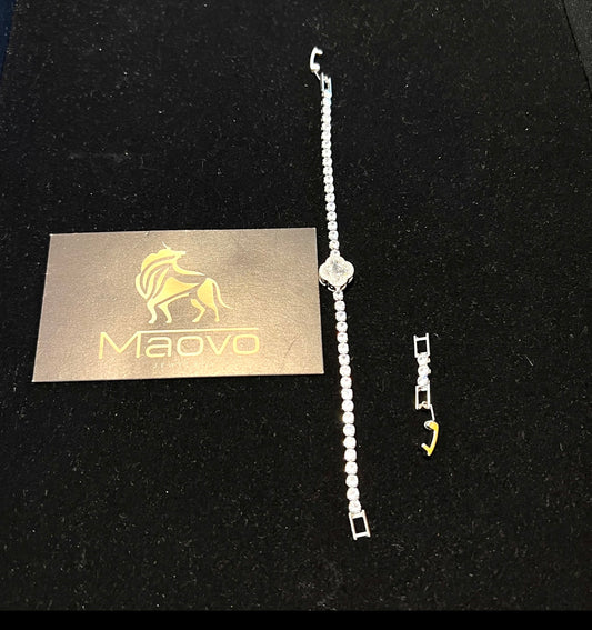 Unisex Four Leaf Clover Tennis Bracelet Silver with white Charm, Adjustable Jewelry