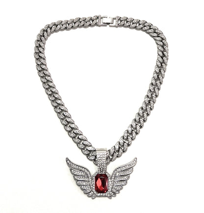 18” 12mm Luxury Iced Out Cuban Chain Necklace with Angel Wings Pendant – Blue/Red Stone Hip Hop Statement Jewelry (Unisex)