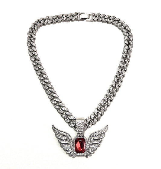 18” 12mm Luxury Iced Out Cuban Chain Necklace with Angel Wings Pendant – Blue/Red Stone Hip Hop Statement Jewelry (Unisex)