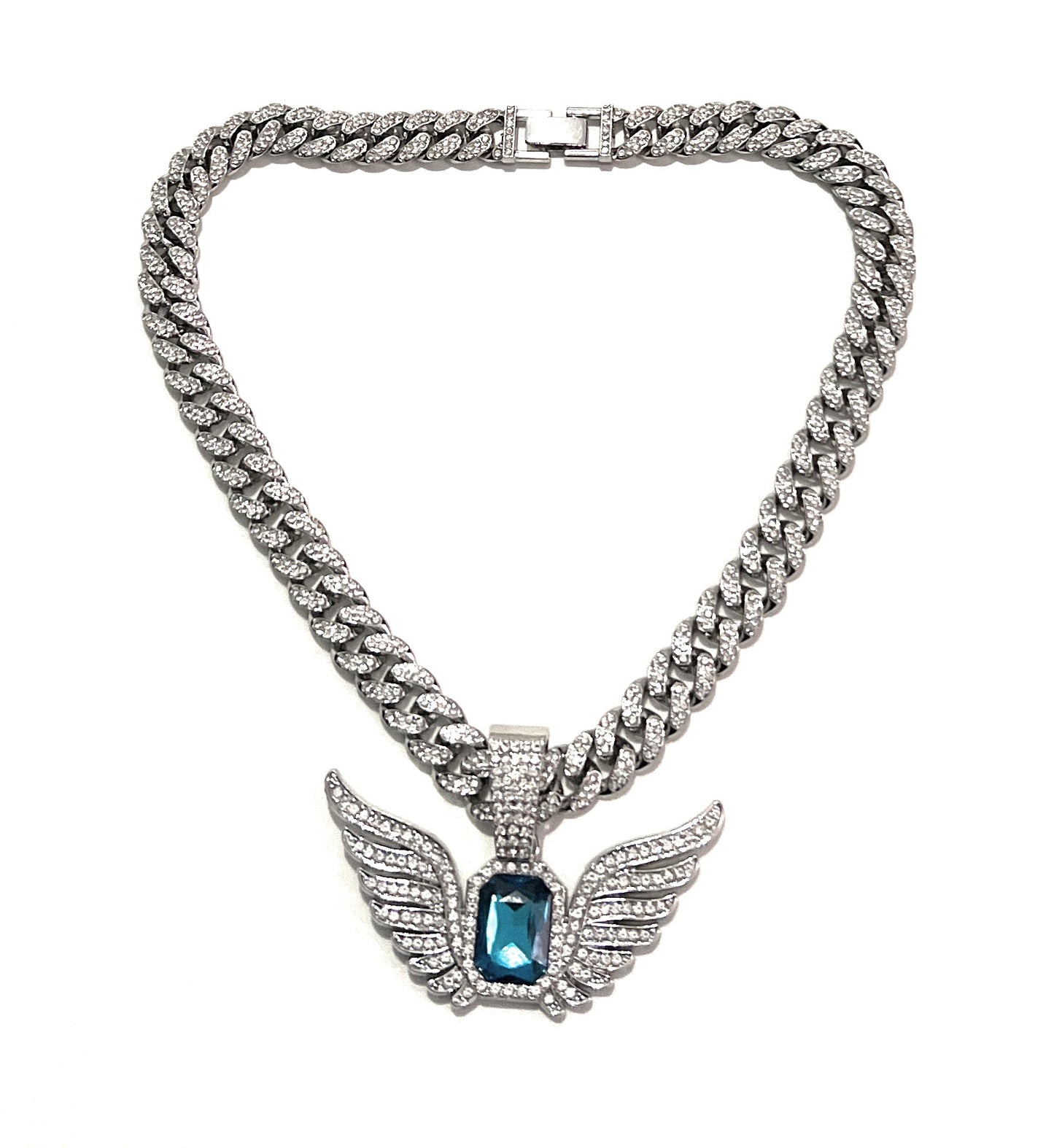 18” 12mm Luxury Iced Out Cuban Chain Necklace with Angel Wings Pendant – Blue/Red Stone Hip Hop Statement Jewelry (Unisex)