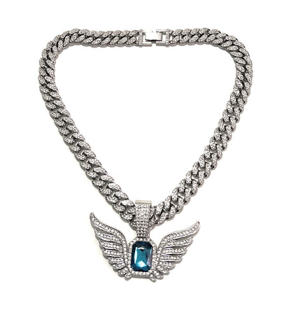 18” 12mm Luxury Iced Out Cuban Chain Necklace with Angel Wings Pendant – Blue/Red Stone Hip Hop Statement Jewelry (Unisex)