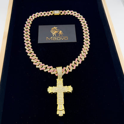 20 Inch Pink & Gold Plated Cuban Link Chain with Iced Cross Pendant – Brilliant Cut Crystal