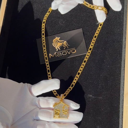 Unisex Stainless Steel Pendant Necklace – Bold Street Luxury with Inlaid Zircon & Figaro Chain