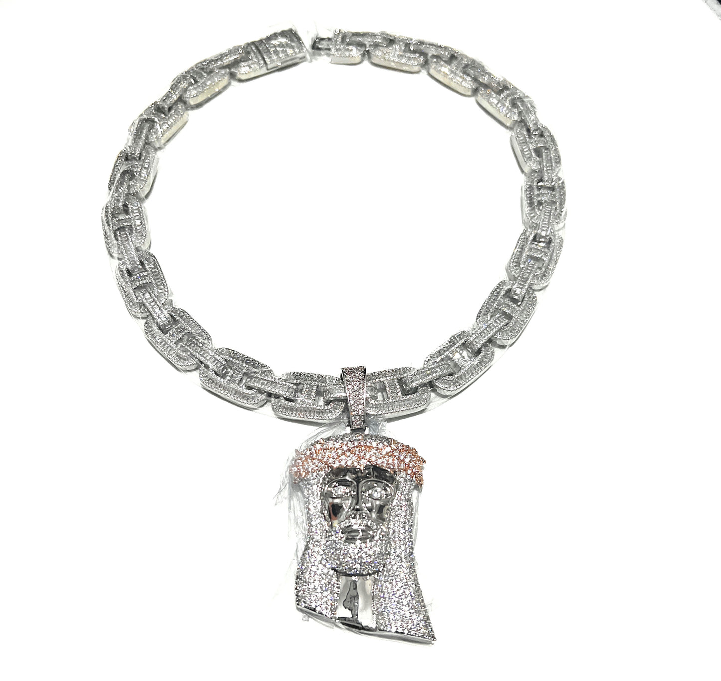 Iced Out Silver Jesus Pendant Rose Gold