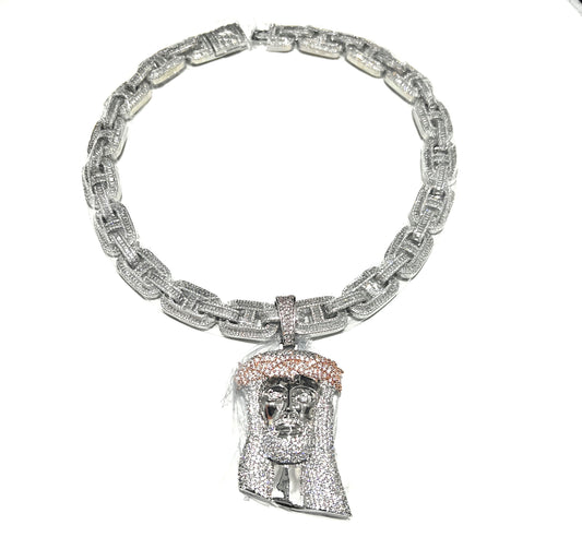 Iced Out Silver Jesus Pendant Rose Gold