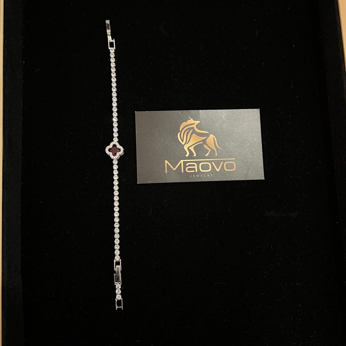 Unisex Four Leaf Clover Tennis Bracelet Silver with Red Charm, Adjustable Jewelry