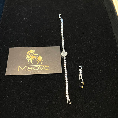 Unisex Four Leaf Clover Tennis Bracelet Silver with white Charm, Adjustable Jewelry