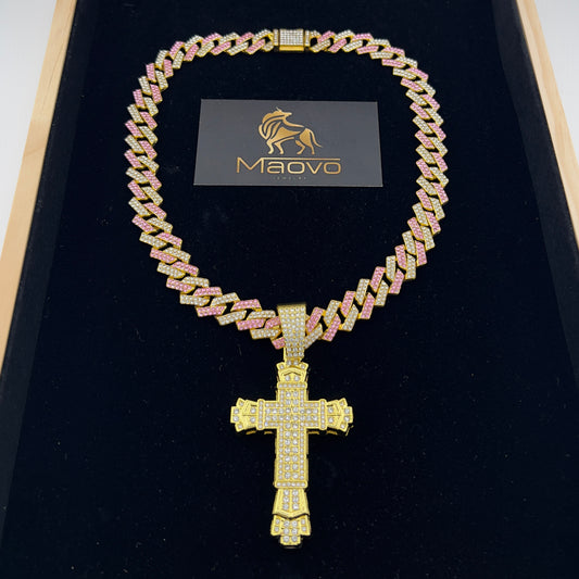 20 Inch Pink & Gold Plated Cuban Link Chain with Iced Cross Pendant – Brilliant Cut Crystal