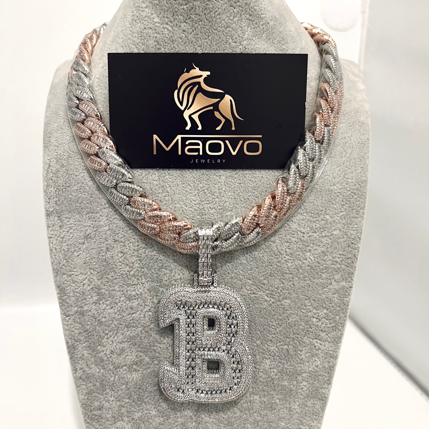 Two-Tone Iced Out Miami Cuban Chain with Bubble B Pendant