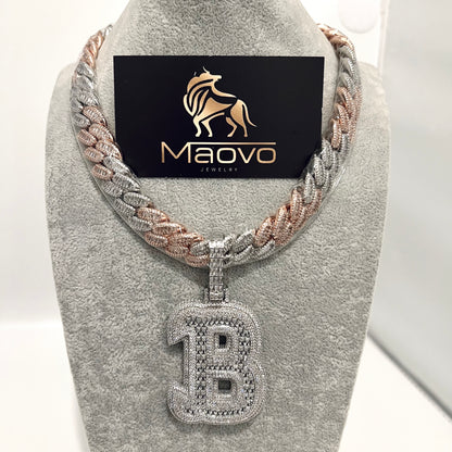 Two-Tone Iced Out Miami Cuban Chain with Bubble B Pendant