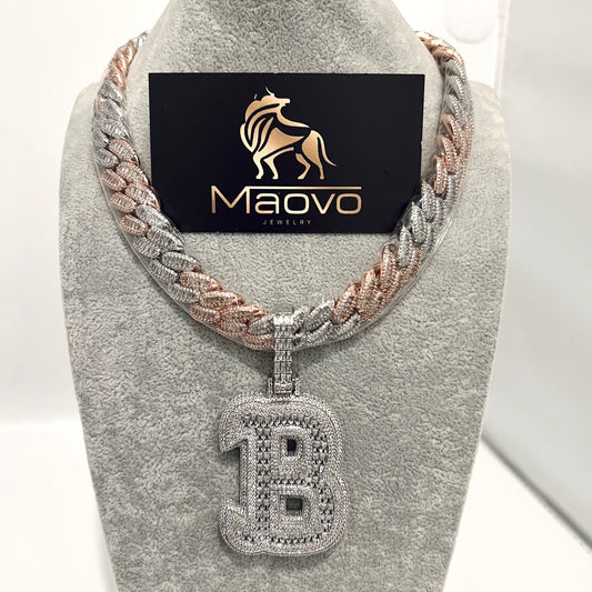 Custom Two-Tone Iced Out Miami Cuban Chain with Bubble B Pendant – 18” Diamond CZ Hip Hop Necklace Silver Rose Gold Bling