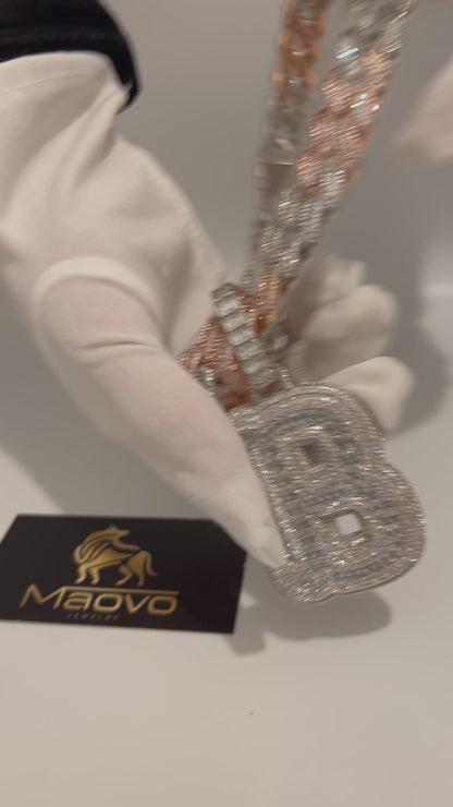 Two-Tone Iced Out Miami Cuban Chain with Bubble B Pendant