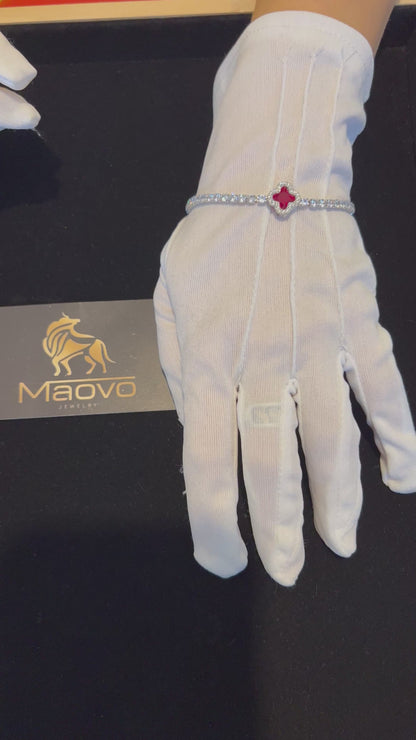 Unisex Four Leaf Clover Tennis Bracelet Silver with Red Charm, Adjustable Jewelry