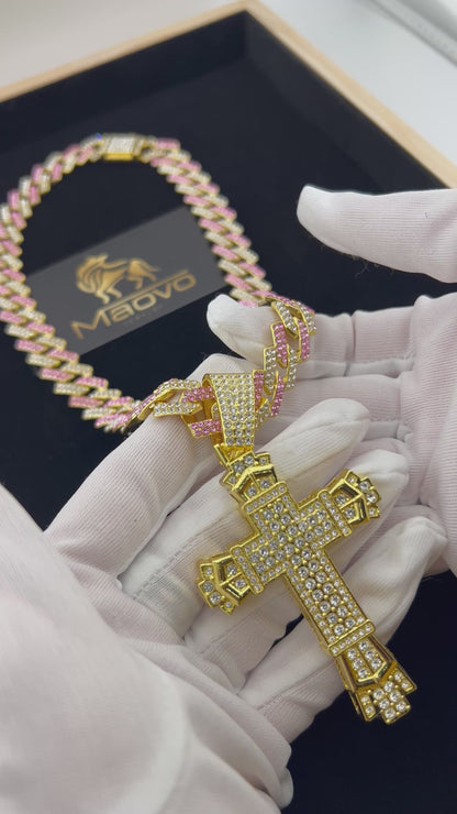 20 Inch Pink & Gold Plated Cuban Link Chain with Iced Cross Pendant – Brilliant Cut Crystal