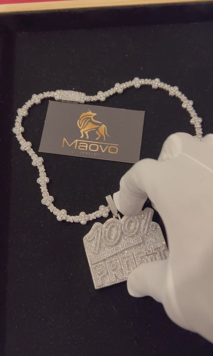 100% PROFIT Iced Out Pendant Necklace – Silver Plated Cuban Link Chain Maovo